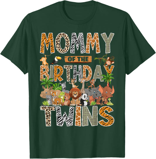 Mommy of The Birthday Twins Safari Wild One Zoo Animal T-Shirt - T-Shirt | Forest