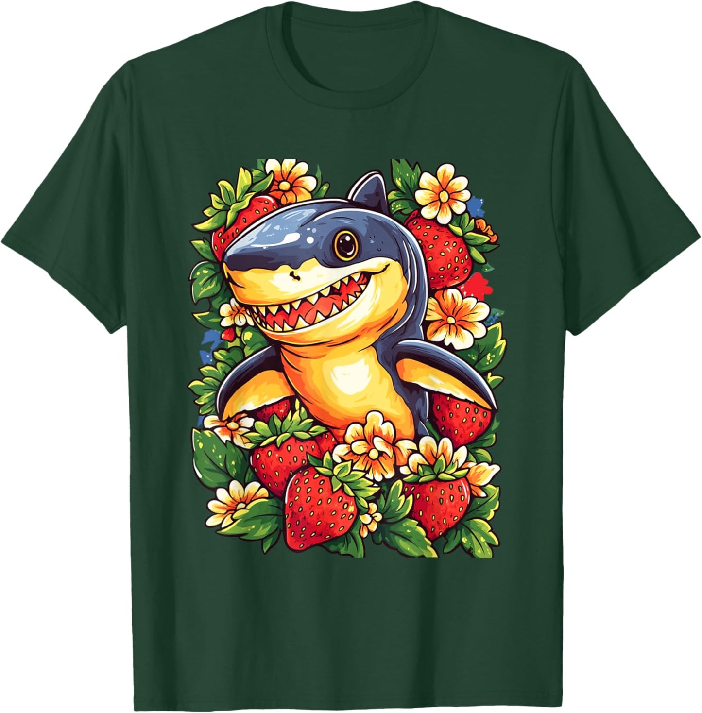 Shark Strawberries and Flowers Graphic Cute Shark T-Shirt - T-Shirt | Forest