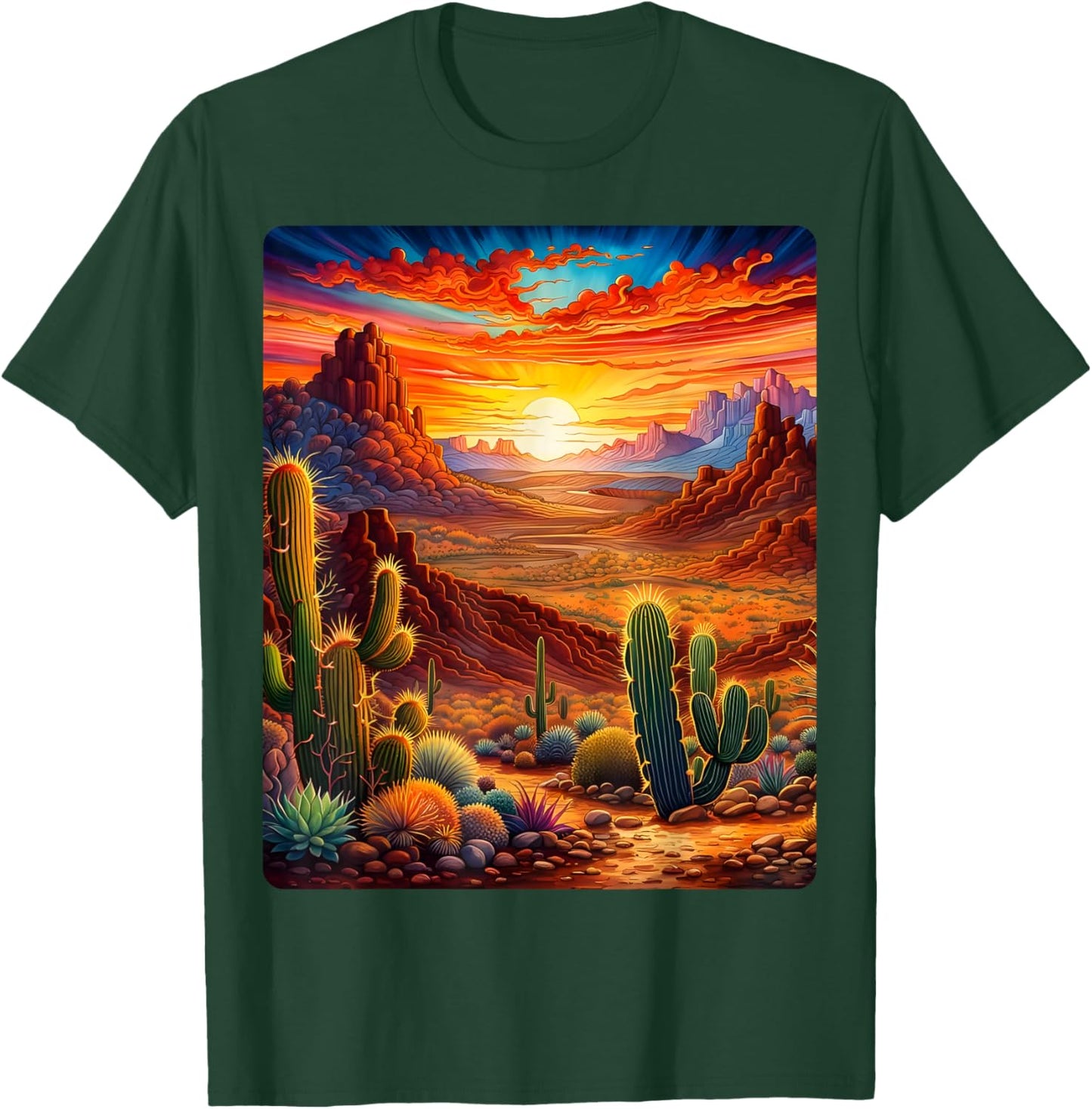 Valley Desert Sunset Sunrise Cactus Mountains Nature Clouds T-Shirt - T-Shirt | Forest