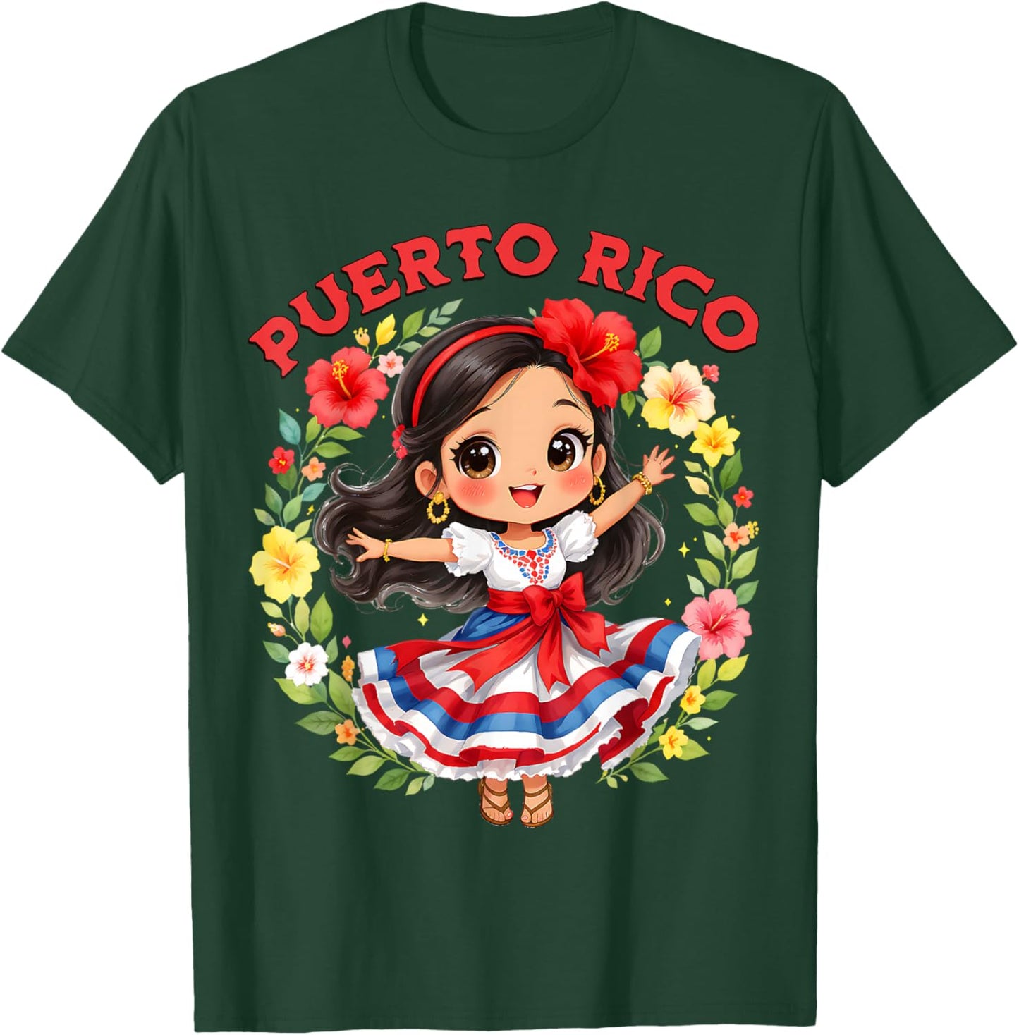 Puerto Rican Girl Culture Pride Cute Girl Traditional Dress T-Shirt - T-Shirt | Forest