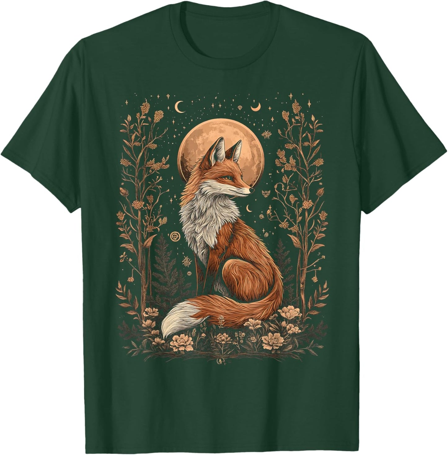 Mystic Moon and Moonphase Fox Mystical Flowers Aesthetic T-Shirt - T-Shirt | Forest