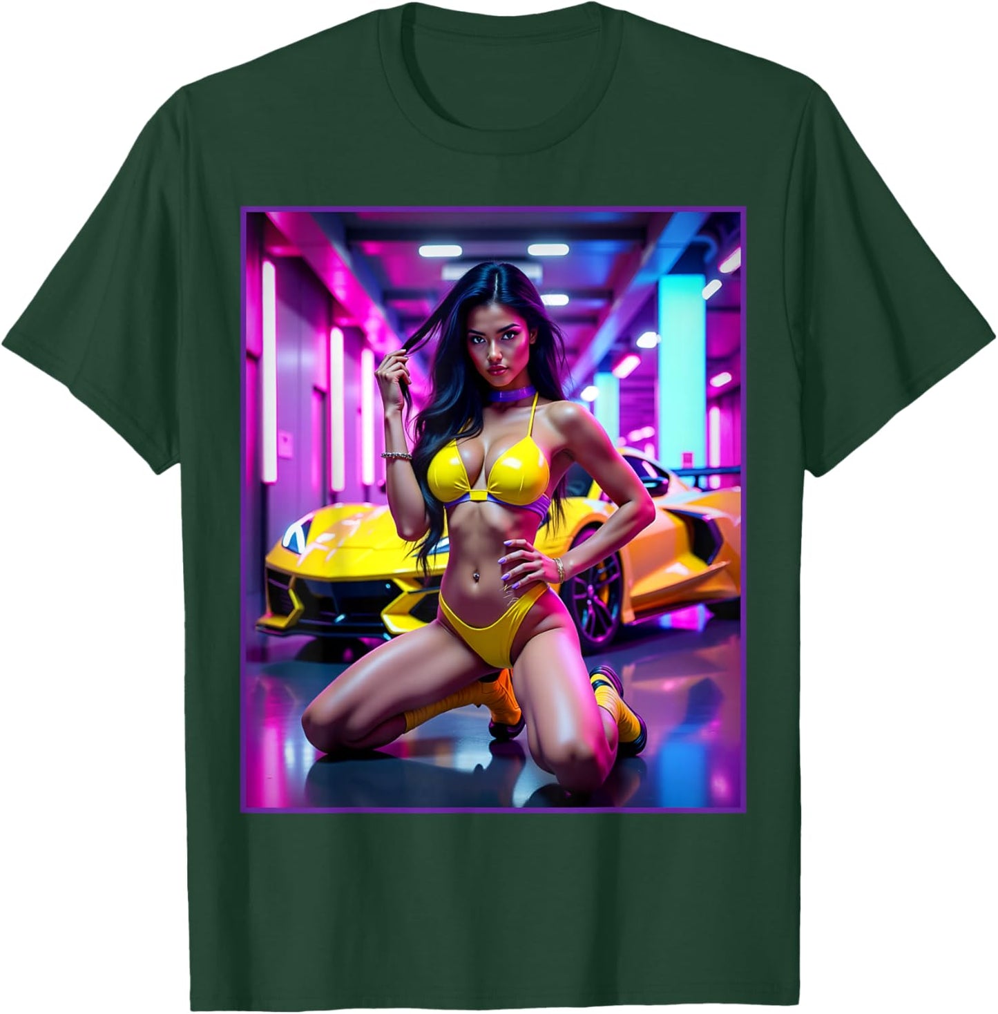 Latina T Shirt - Sexy Girl with Yellow Muscle Car T-Shirt - T-Shirt | Forest