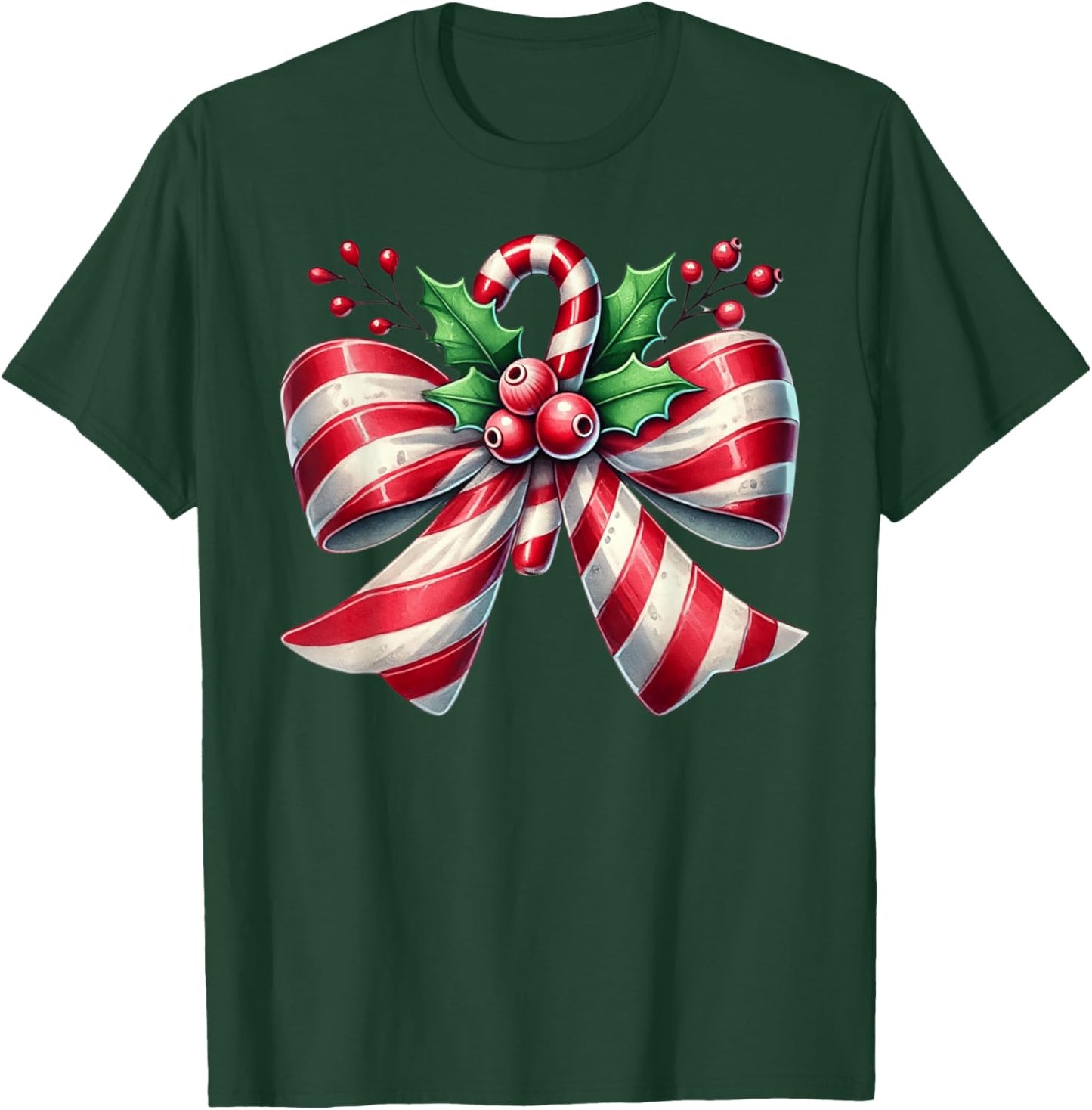 Cute Bow Candy Cane Coquette Christmas T-Shirt - T-Shirt | Forest