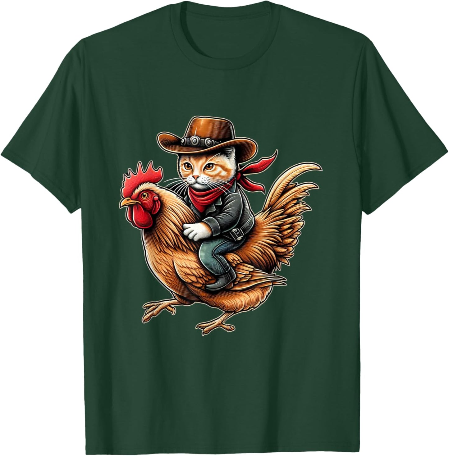 Cowboy Cat Riding Chicken Funny Western Vintage Design T-Shirt - T-Shirt | Forest