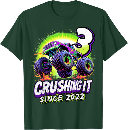 Birthday Monster Truck 3 year Old Boys 3rd Party Born 2022 T-Shirt - T-Shirt | Forest