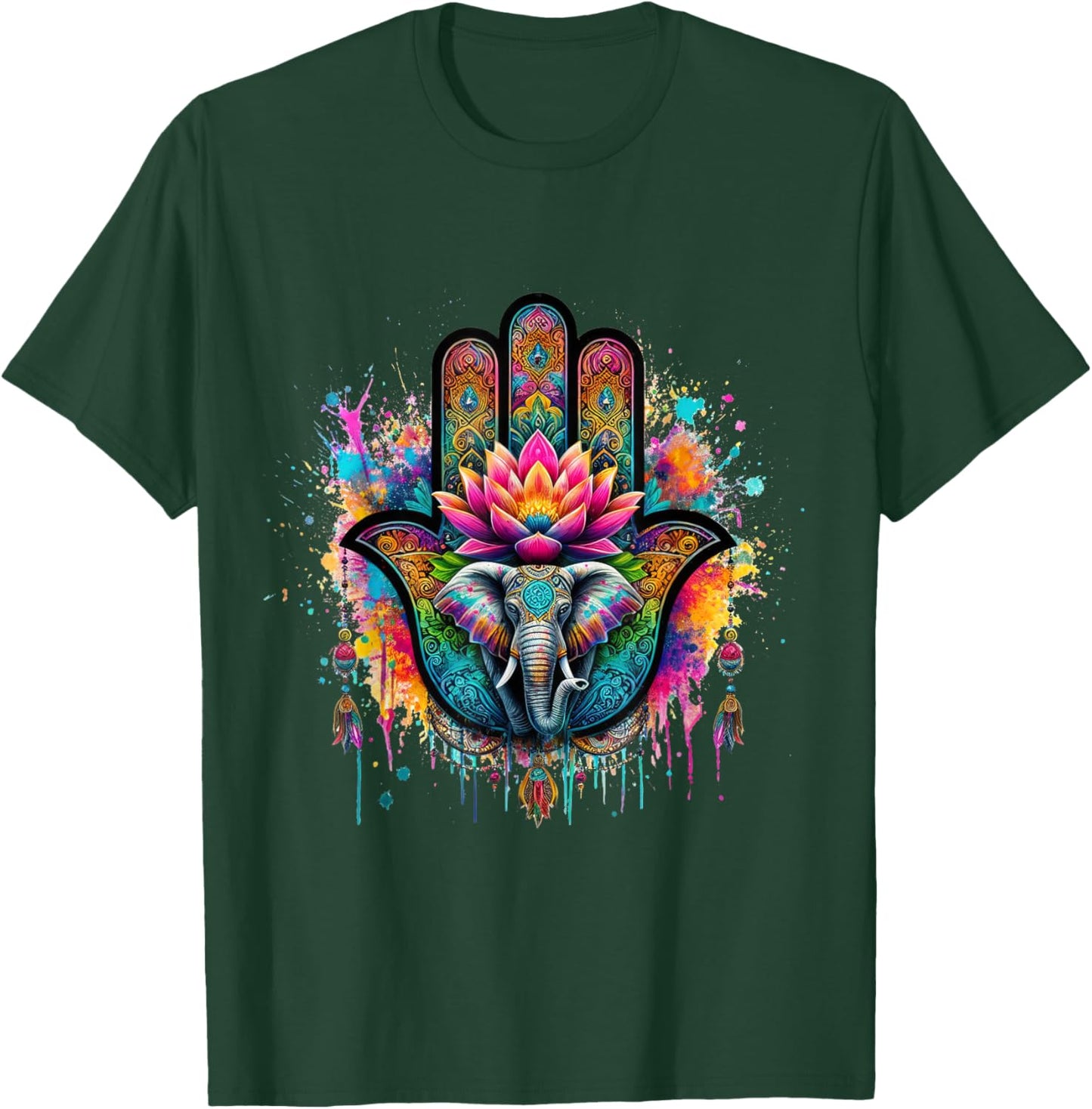 Beautiful Hamsa Hand Colorful Art with Elephant and Lotus T-Shirt - T-Shirt | Forest