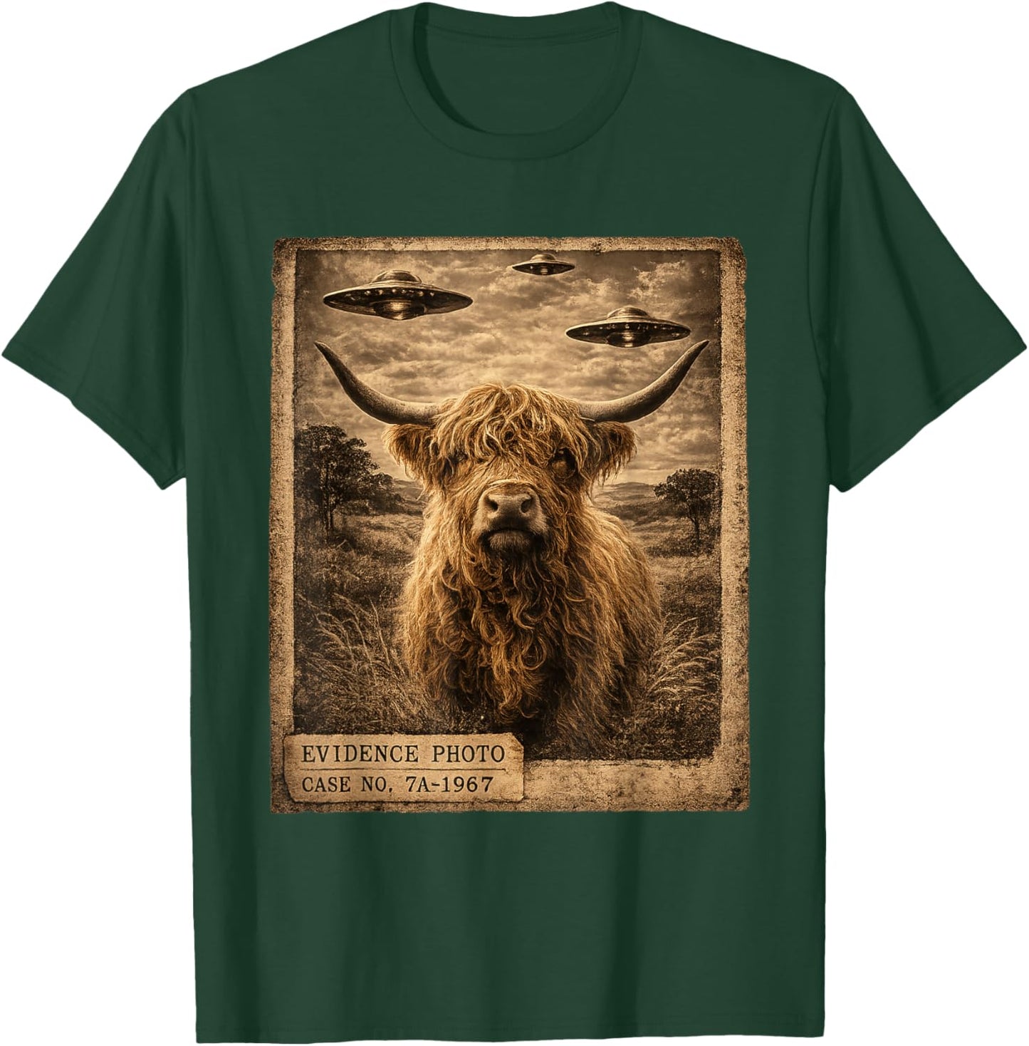 Highland Cow Alien UFO Alien UFO Evidence Photo Vintage T-Shirt - T-Shirt | Forest