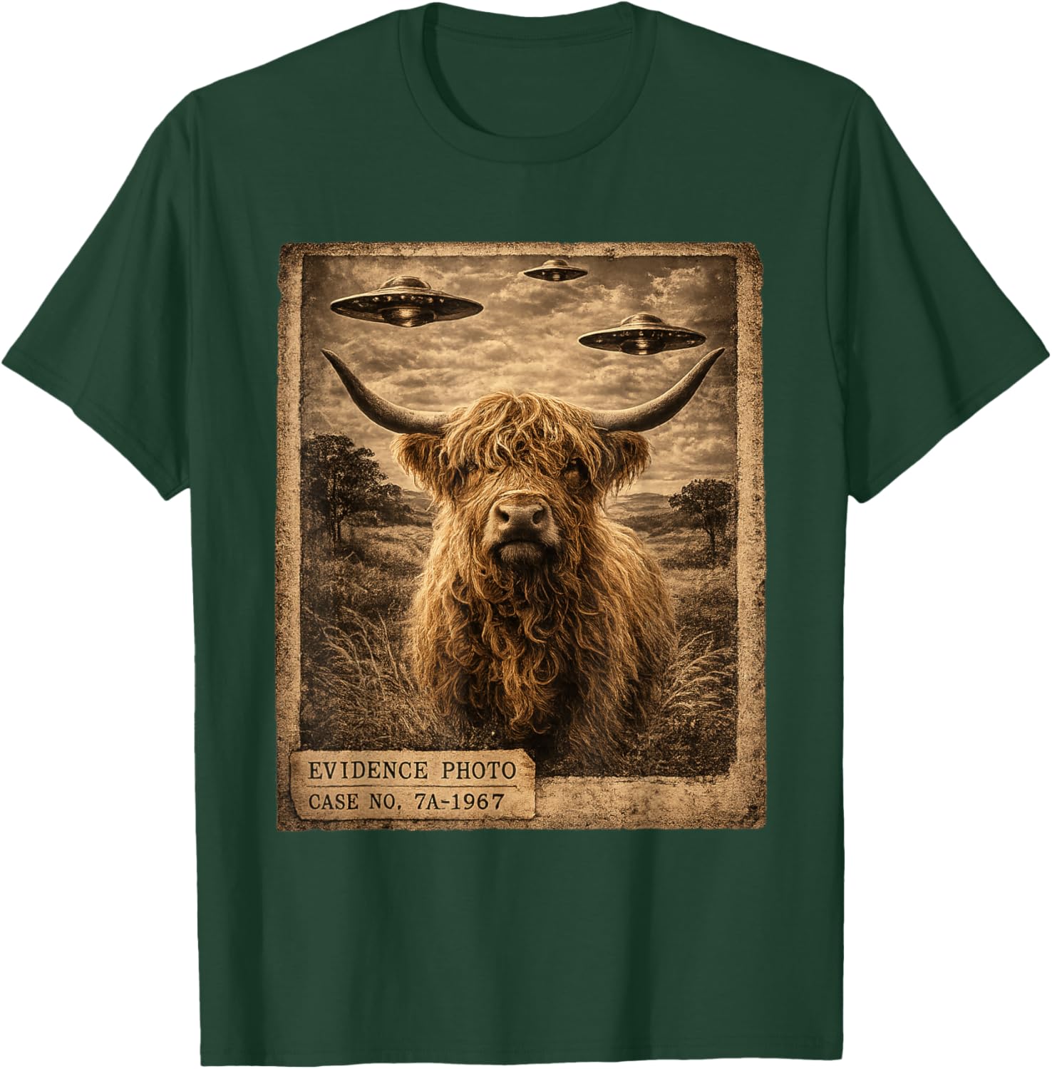 Highland Cow Alien UFO Alien UFO Evidence Photo Vintage T-Shirt - T-Shirt | Forest