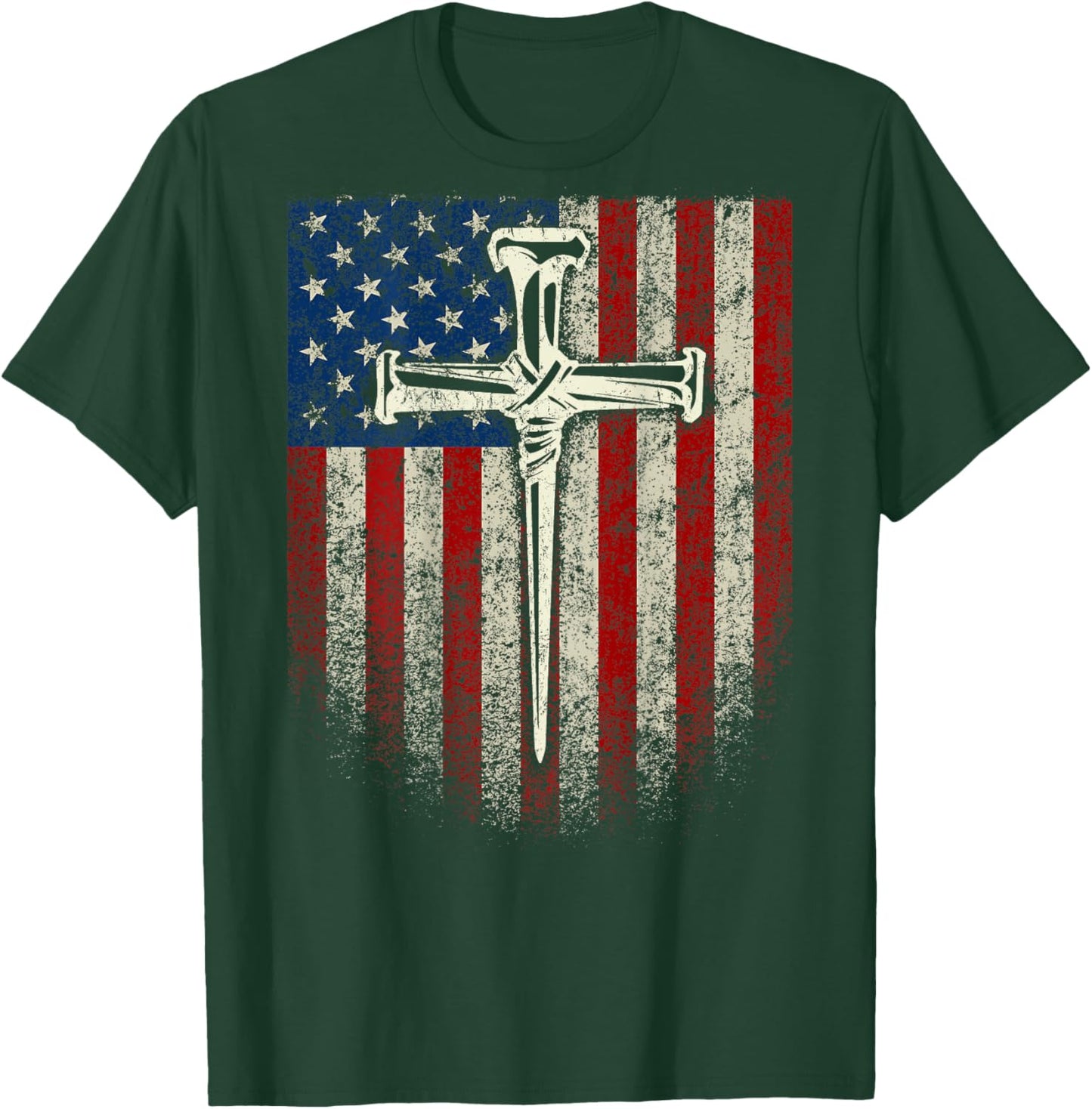 (Art on Back) American US Flag Cross Christian T-Shirt - T-Shirt | Forest