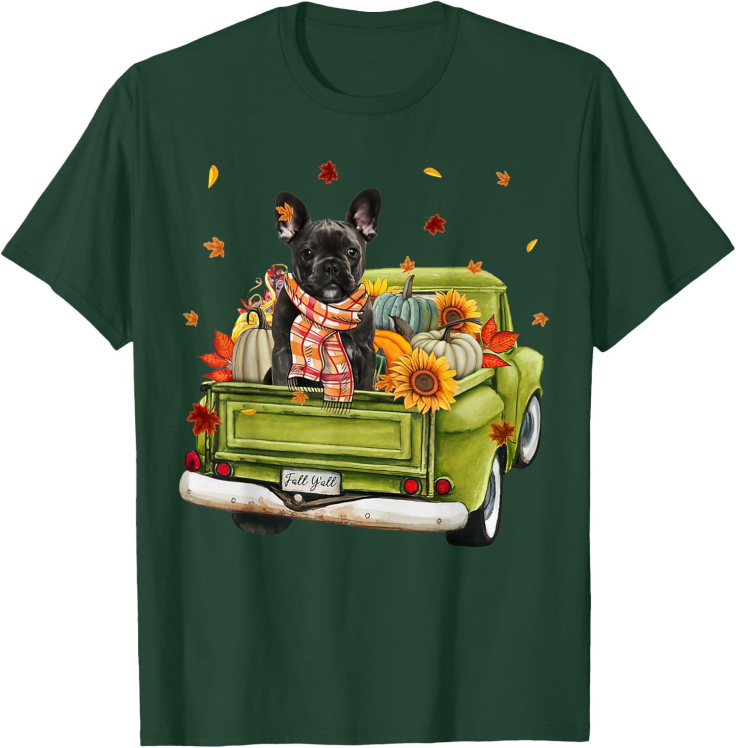 Happy Fall Y'all French Bulldog Dog On Truck Pumpkin Fall Men Women T-Shirt - T-Shirt | Forest