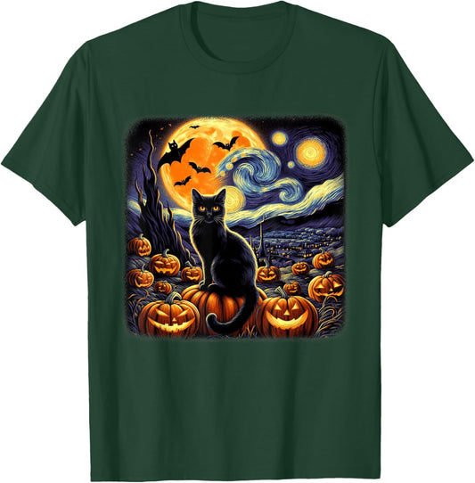 Van Gogh Cat Starry Night Cat Halloween Pumpkin Cat Lovers T-Shirt - T-Shirt | Forest