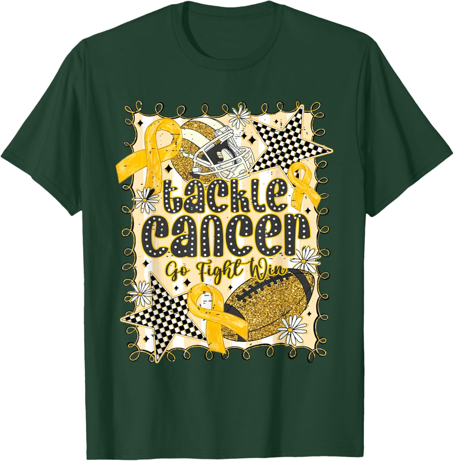 Tackle Cancer Go Fight Win Childhood Cancer Gold Football T-Shirt - T-Shirt | Forest