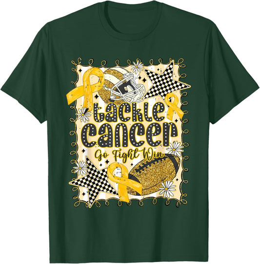 Tackle Cancer Go Fight Win Childhood Cancer Gold Football T-Shirt - T-Shirt | Forest