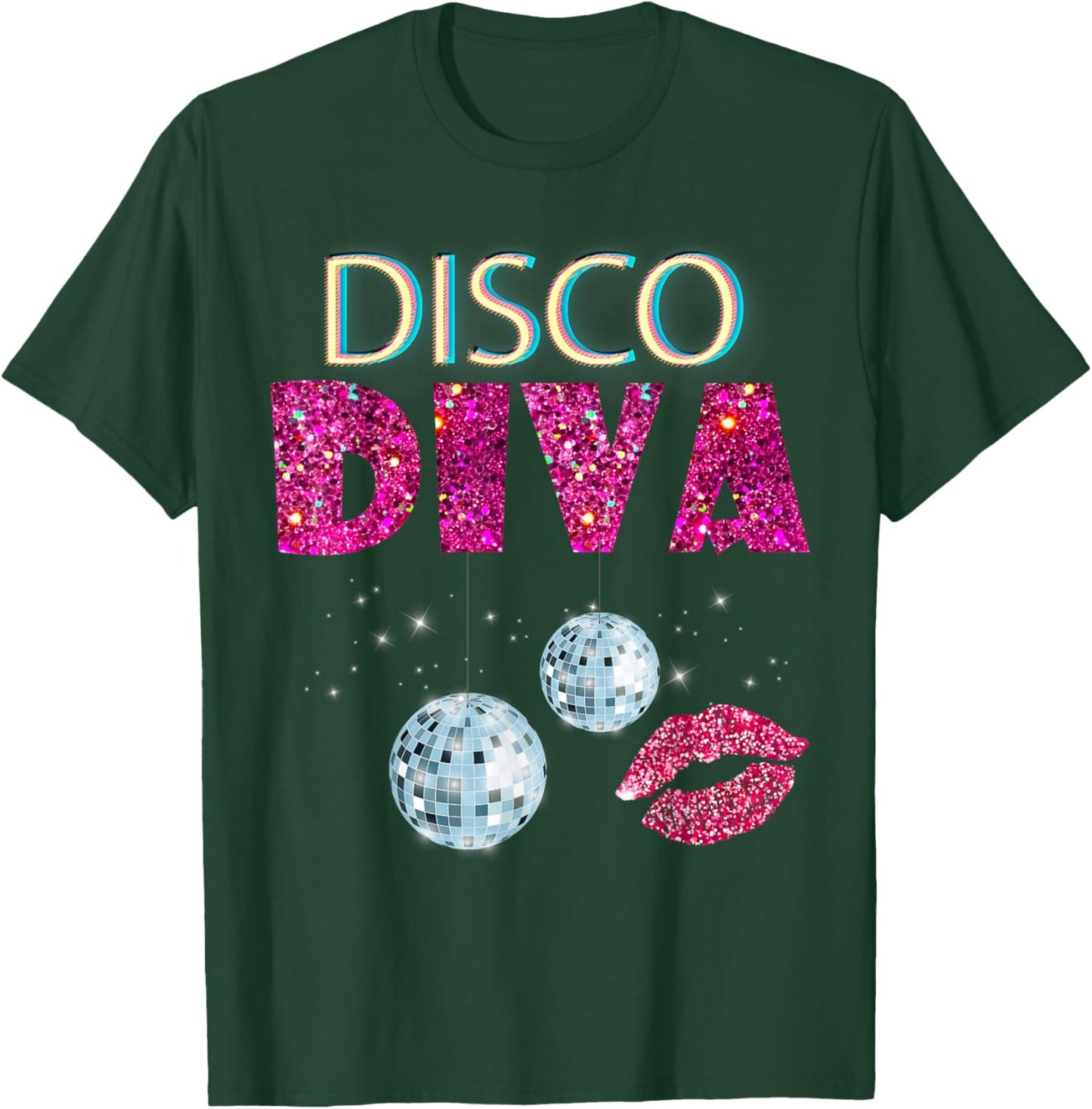 Disco Diva Ladies Disco Gold Ball Silver Red Lips T-Shirt - T-Shirt | Forest
