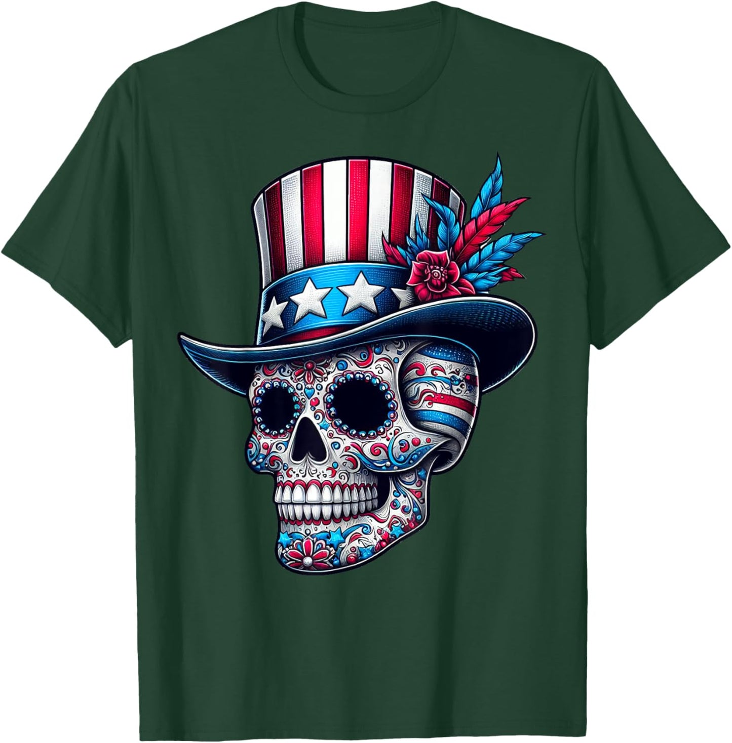 Independence Day USA Patriot Skull 4th of July Sugar Skull T-Shirt - T-Shirt | Forest