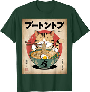Kawaii Cat Eating Japanese Noodles Anime Cat Ramen T-Shirt - T-Shirt | Forest