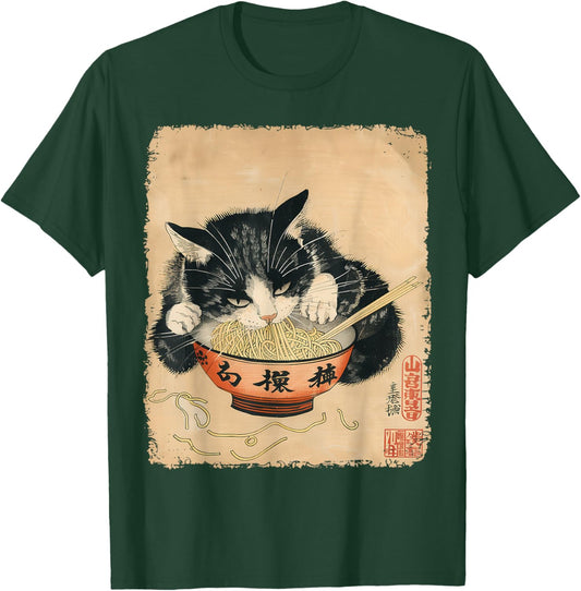 Vintage Cat Eating Ramen Noodles Gothic Otaku Japanese Food T-Shirt - T-Shirt | Forest