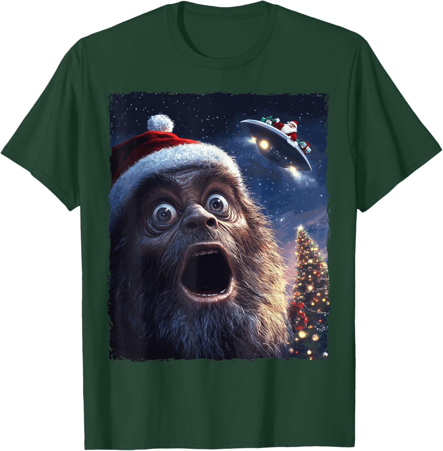 Funny Bigfoot Sasquatch Selfie Santa Ufo Xmas Christmas T-Shirt - T-Shirt | Forest