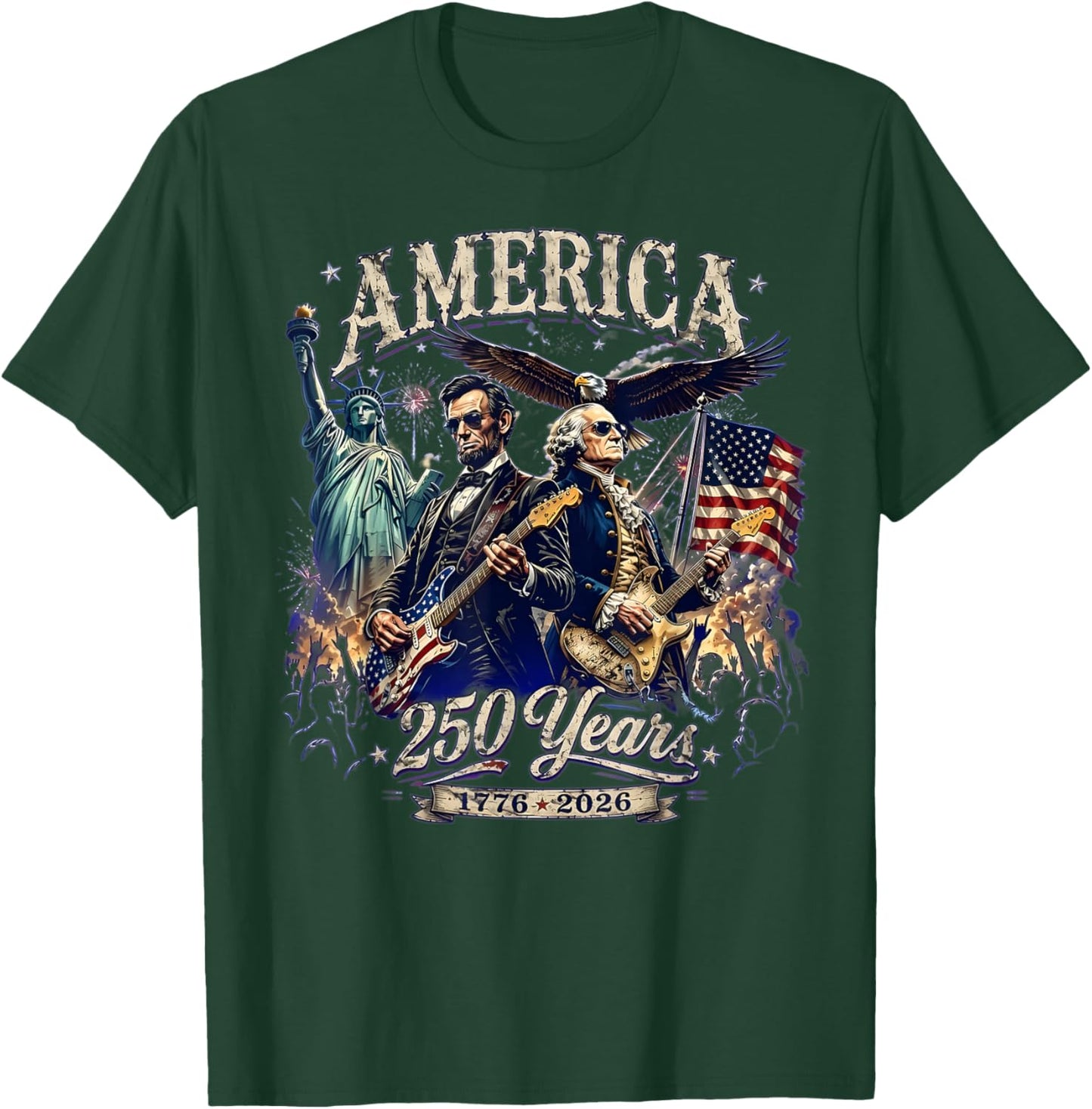 George Washington Lincoln Playing Guitar America 250 Years T-Shirt - T-Shirt | Forest