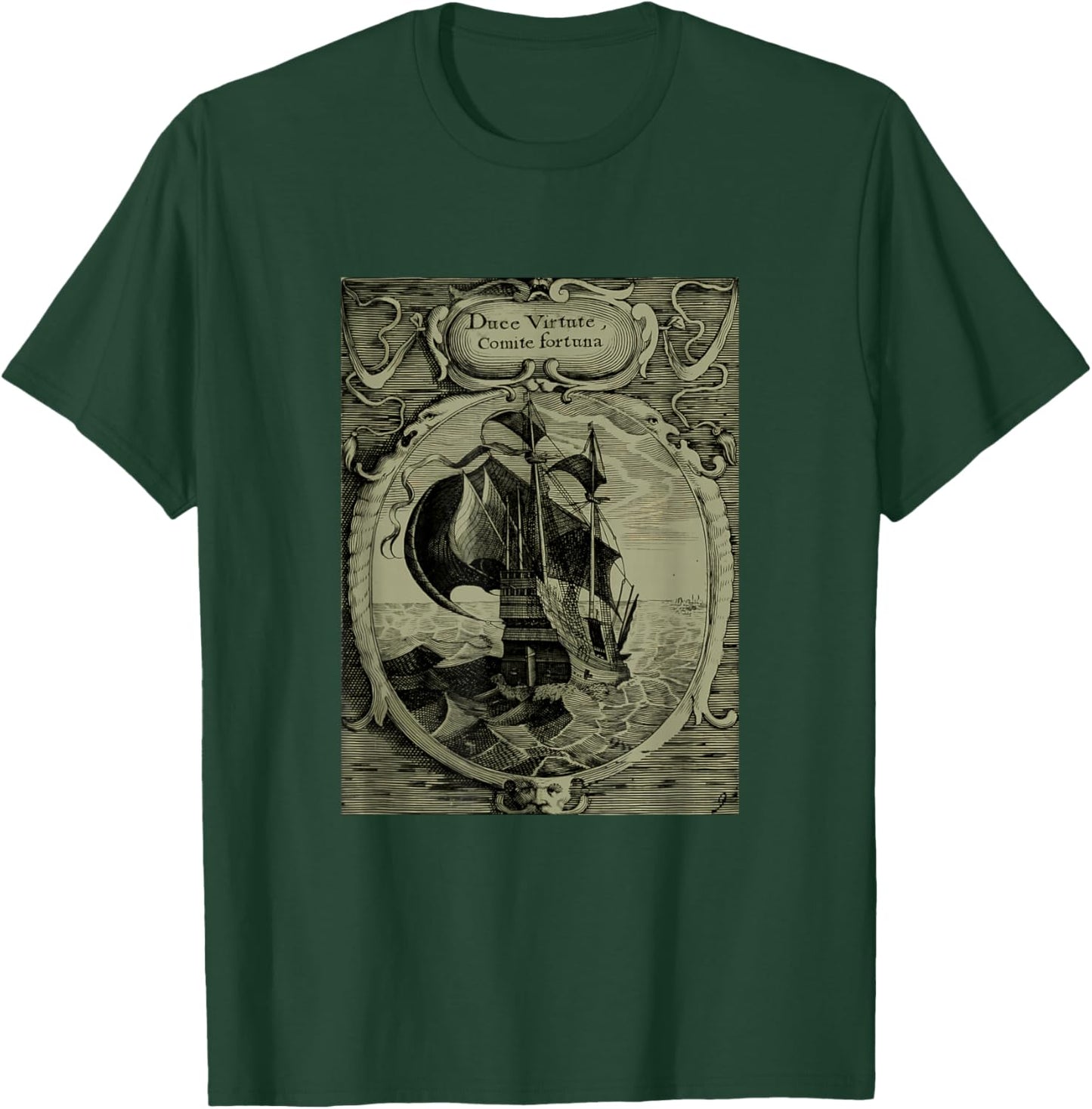 Latin Currency Virtute Duce Comite Fortuna Ship T-Shirt - T-Shirt | Forest