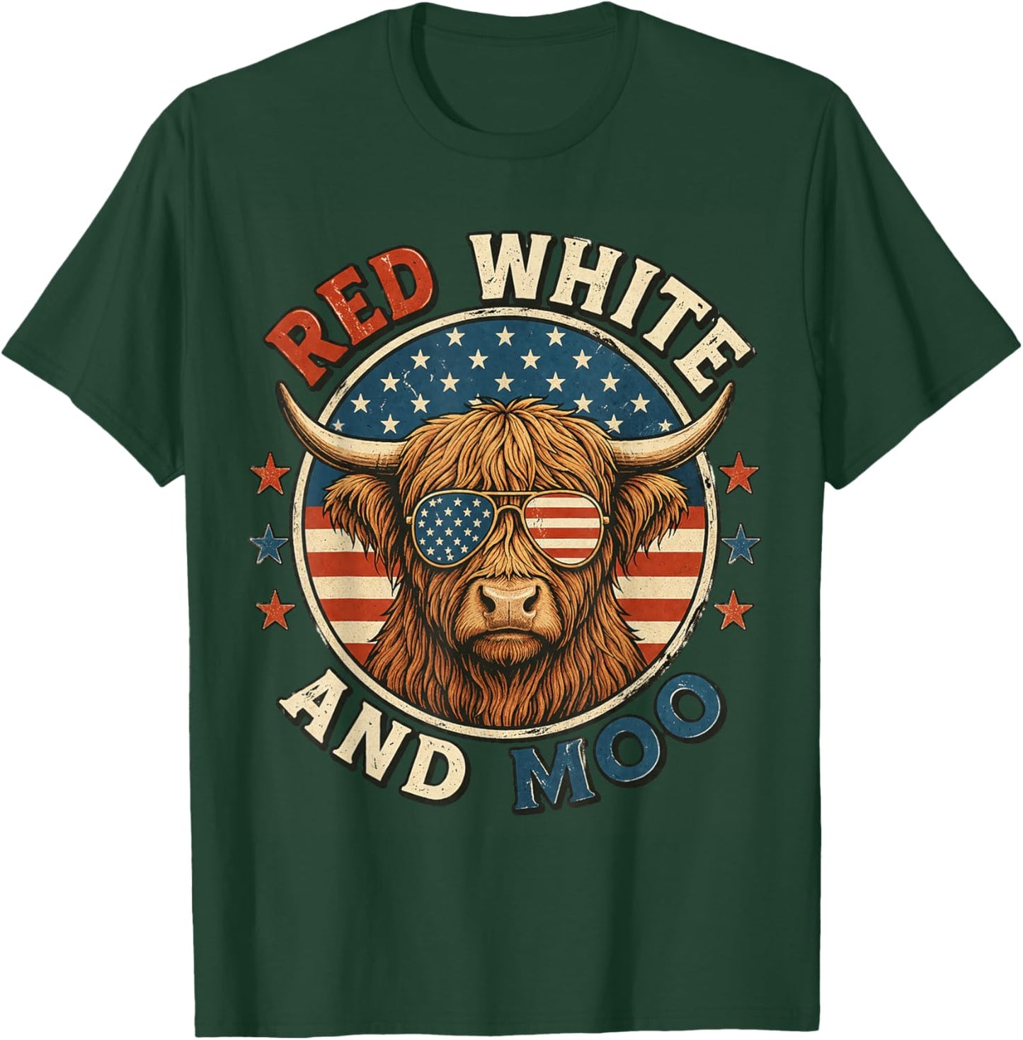 Red White and Moo Funny Highland Cow 4th of July Patriotic T-Shirt - T-Shirt | Forest