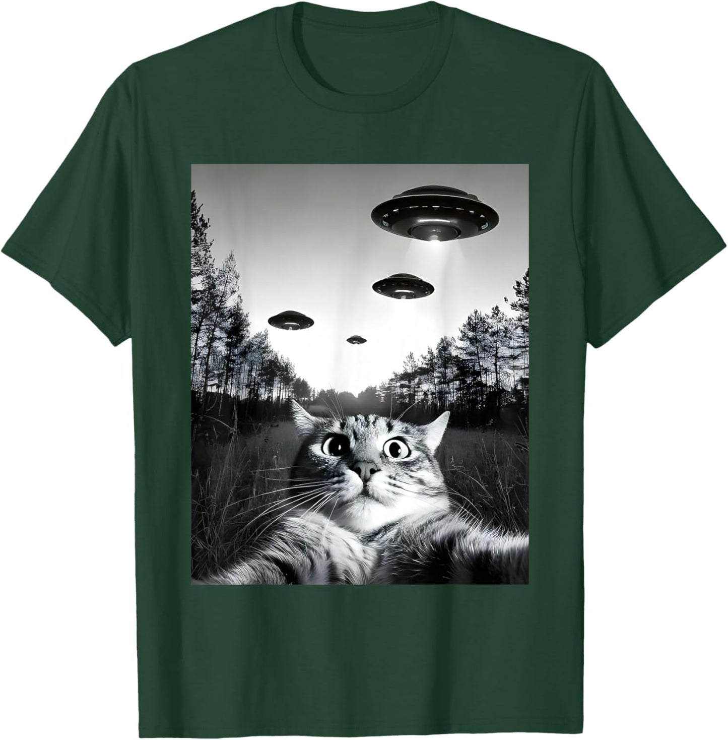 Funny Cat Selfie with UFOs T-Shirt - T-Shirt | Forest