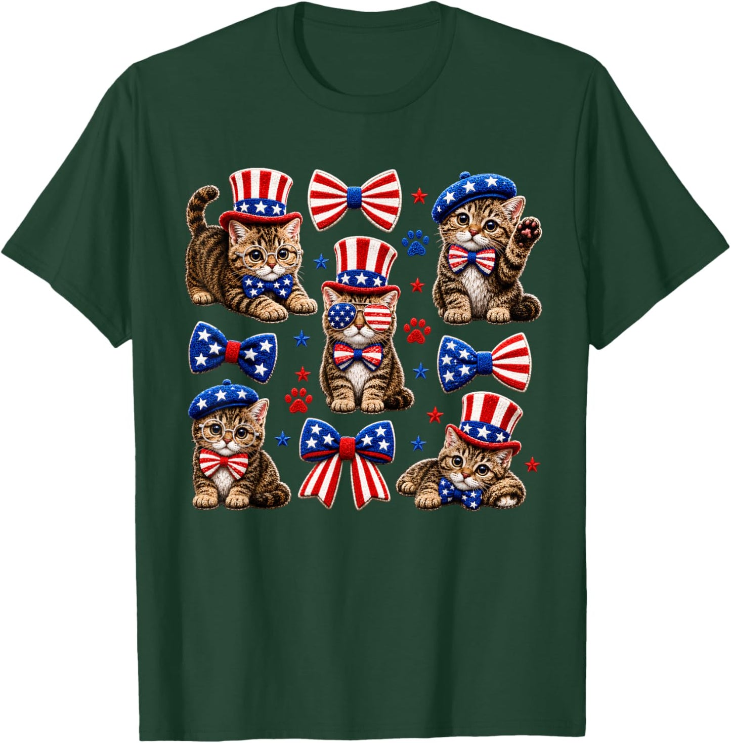 Patriotic Cat 4th of July Bow American Flag Girls Women T-Shirt - T-Shirt | Forest