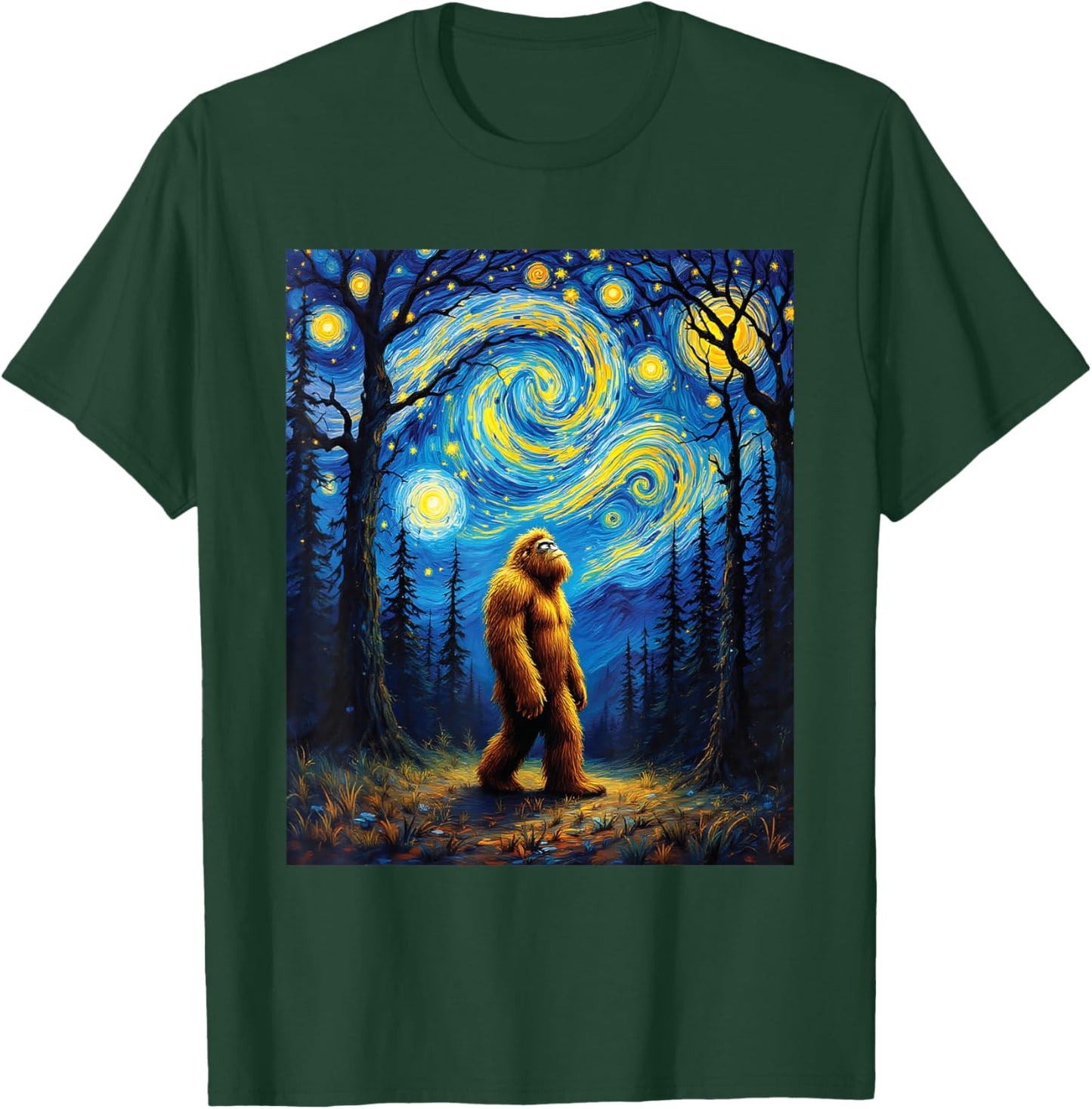 Sasquatch Bigfoot Van Gogh Starry Night Art Painting Graphic T-Shirt - T-Shirt | Forest