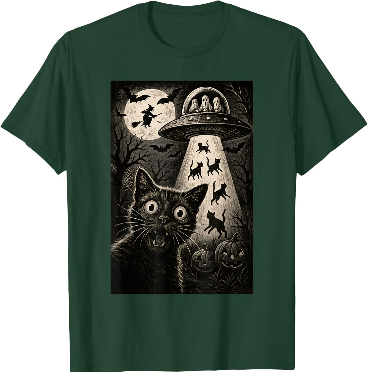 Halloween Cat Selfie Scary Alien Abduction Cats UFO Flying T-Shirt - T-Shirt | Forest