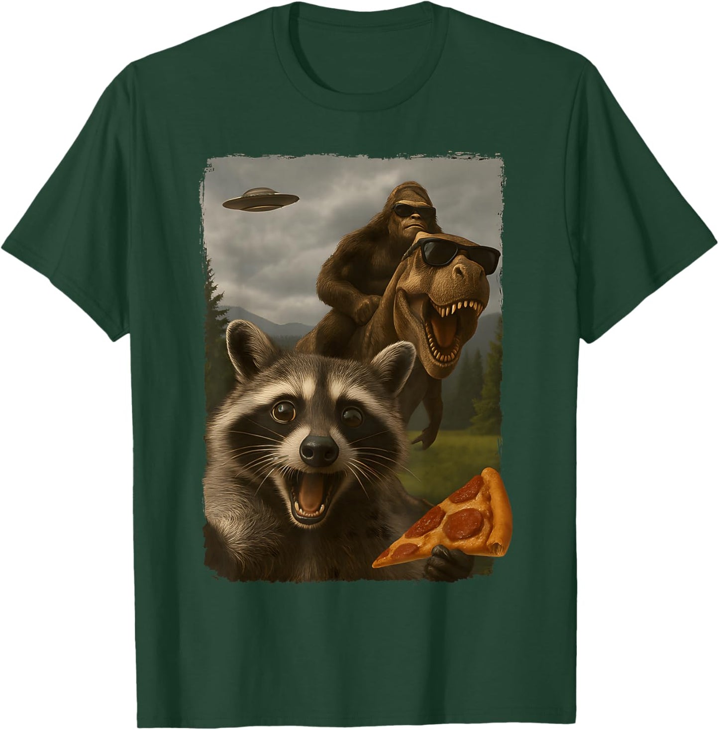 Funny Raccoon Selfie Bigfoot Sasquatch Riding T-Rex UFO T-Shirt - T-Shirt | Forest