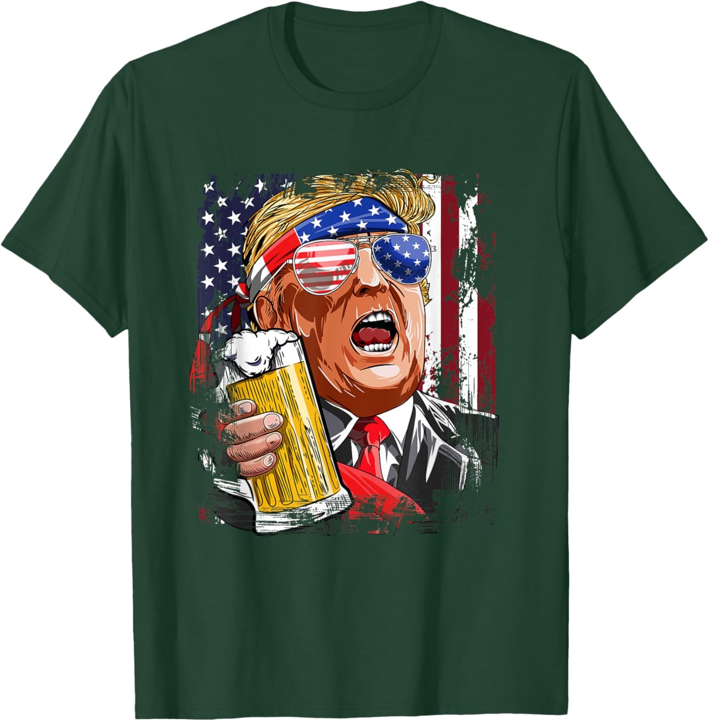 Donald Trump Drinking Beer Merica Trump 4th Of July US Flag T-Shirt - T-Shirt | Forest