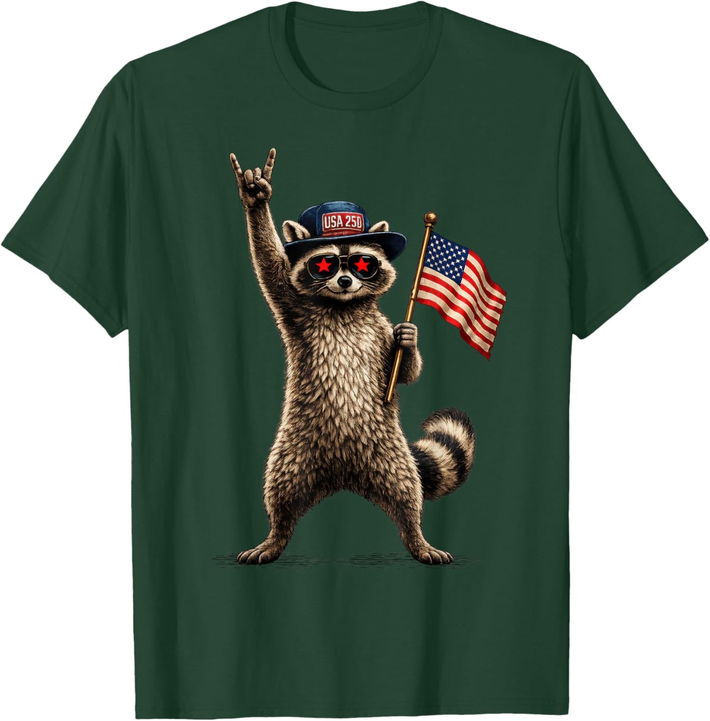 USA Flag 250 Years Raccoon Funny 4th of July Men Women Kids T-Shirt - T-Shirt | Forest