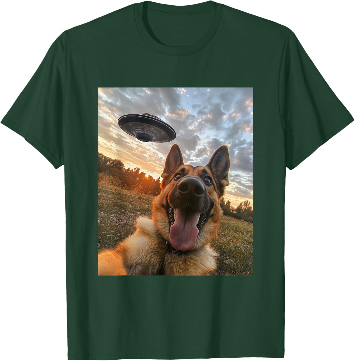 German Shepherd Dog Selfie with UFOs Aliens Funny Graphic T-Shirt - T-Shirt | Forest
