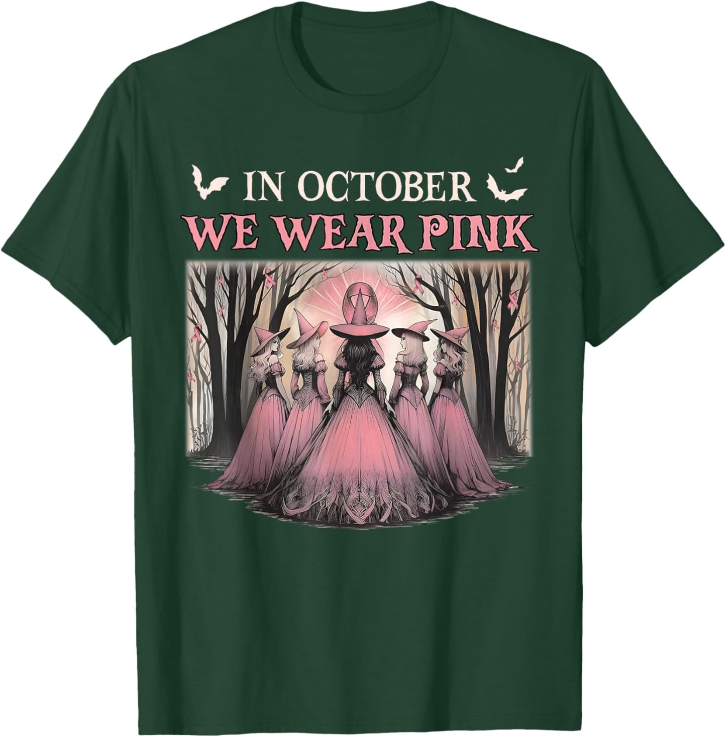 Retro in October We Wear Pink Witch Breast Cancer Ribbon T-Shirt - T-Shirt | Forest