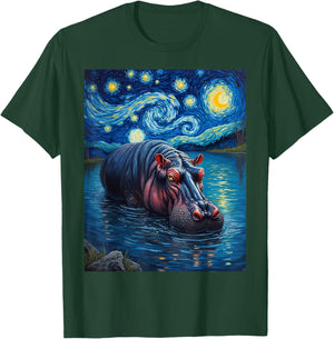 Van Gogh's Starry Night Hippopotamus Animal T-Shirt - T-Shirt | Forest