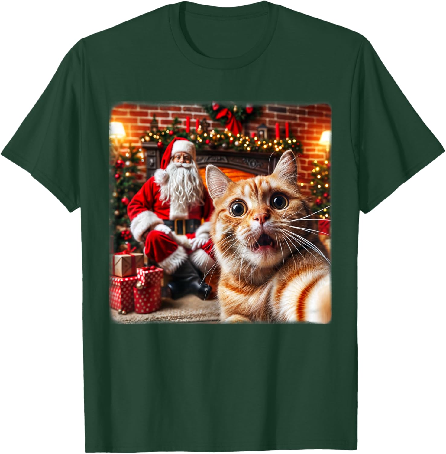 Funny Cat Selfie With Santa Claus Christmas Girls Boy Family T-Shirt - T-Shirt | Forest
