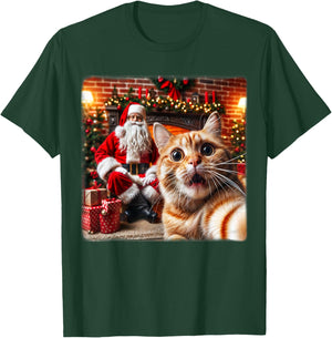 Funny Cat Selfie With Santa Claus Christmas Girls Boy Family T-Shirt - T-Shirt | Forest