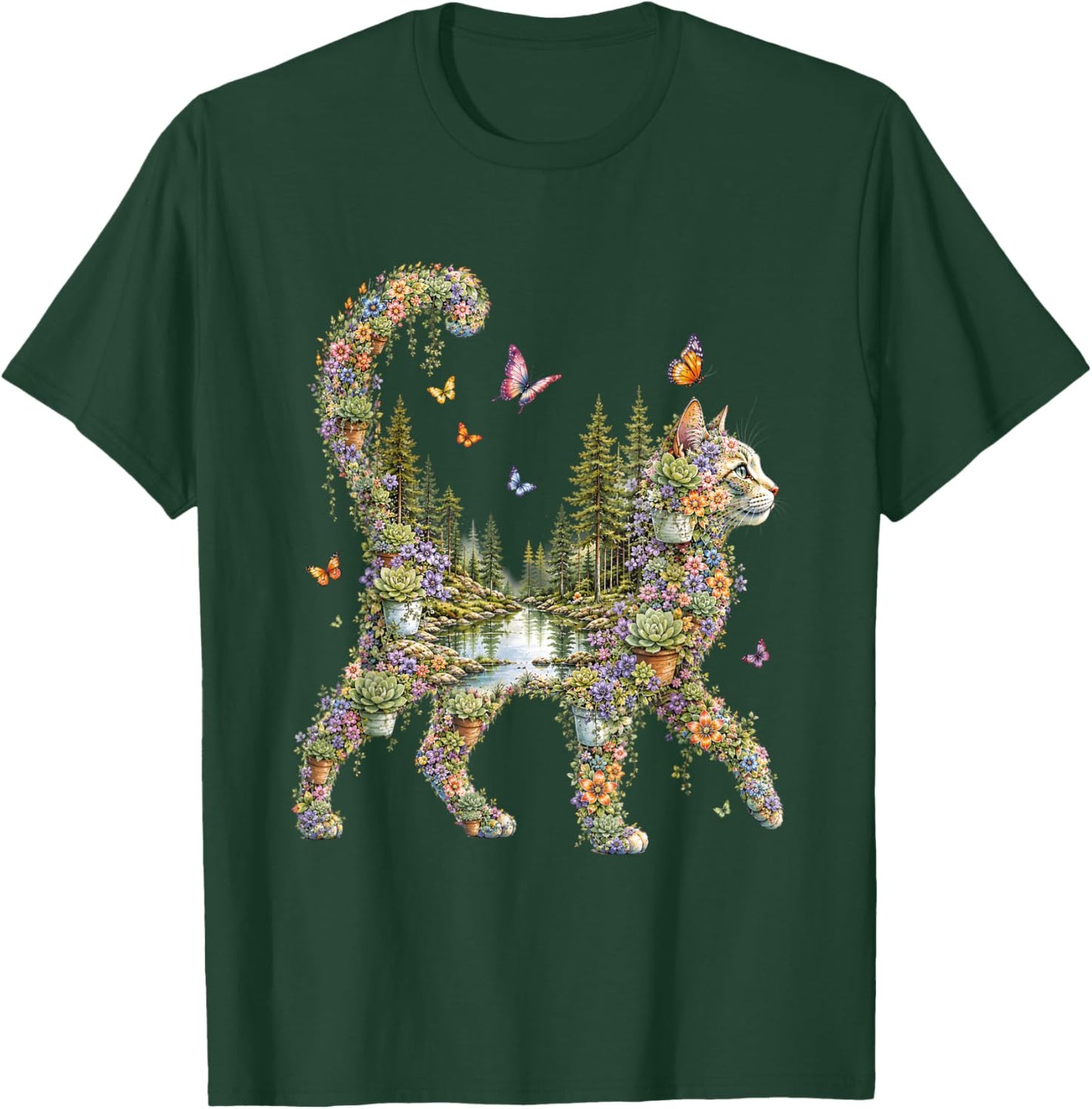 Boho Cat Plants Floral Nature Wildflower Succulent Cat Lover T-Shirt - T-Shirt | Forest