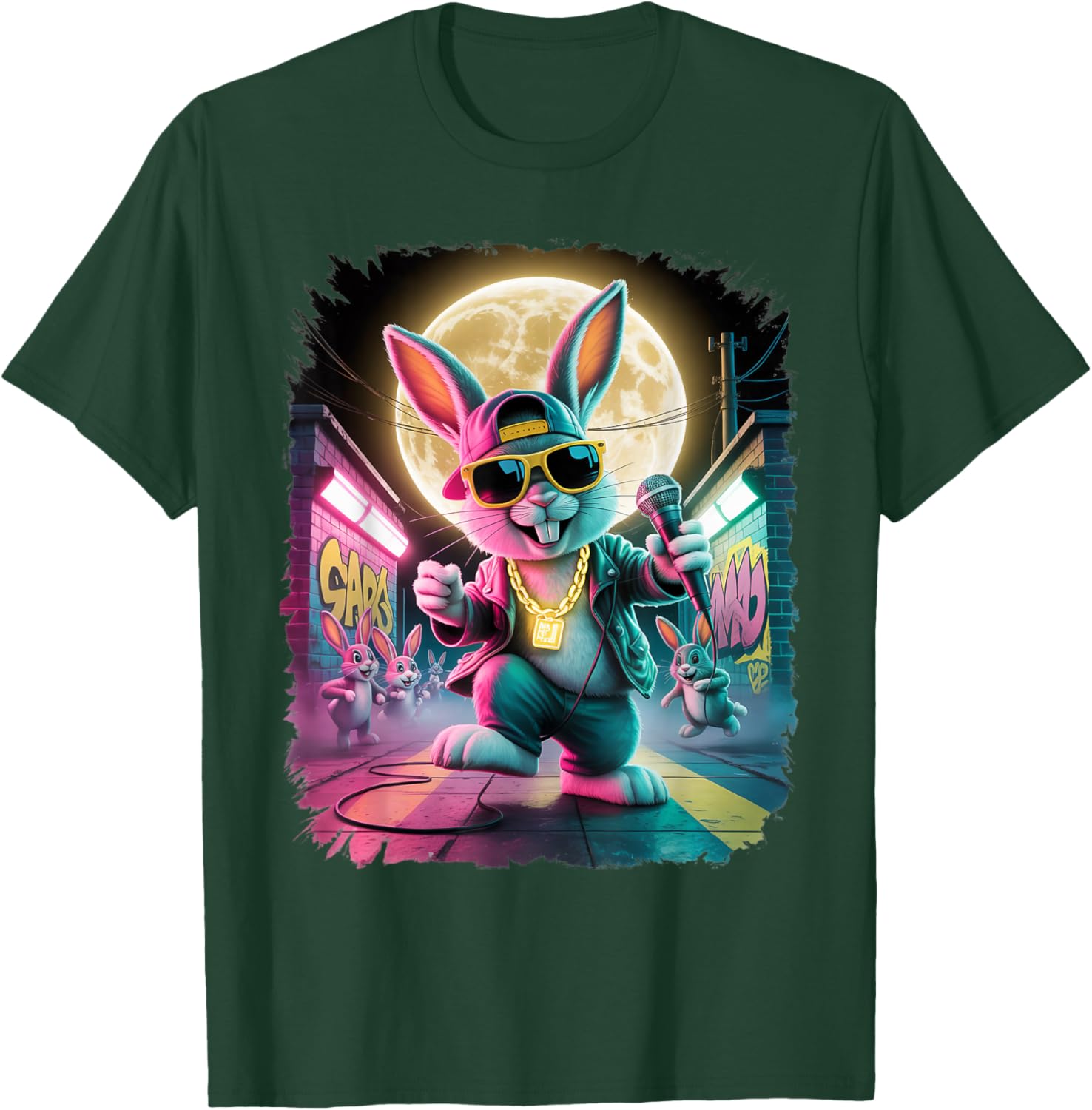 Vintage Retro 90s Airbrushed Cool Hip Hop Bunny T-Shirt - T-Shirt | Forest