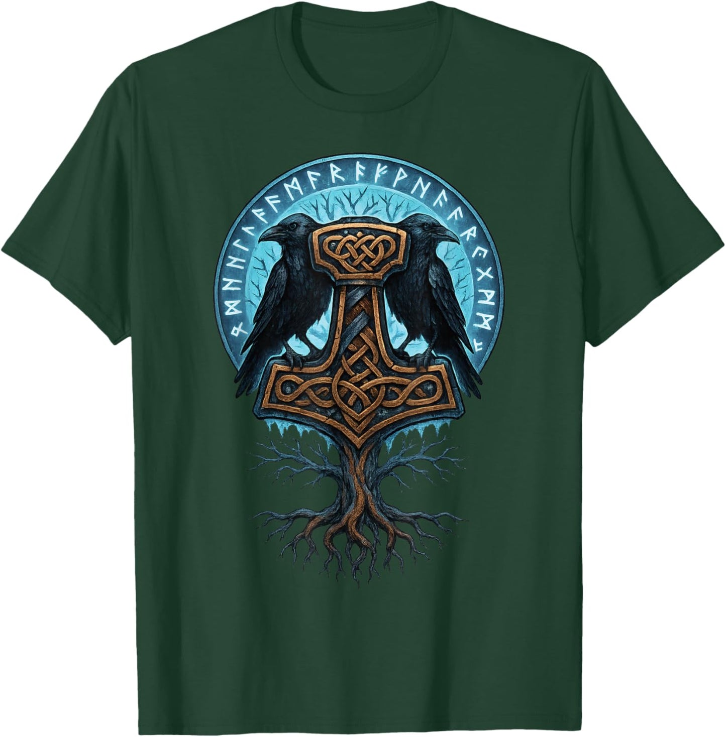 Yggdrasil Mjolnir Hammer Thor Ravens of Odin Huginn Muninn T-Shirt - T-Shirt | Forest