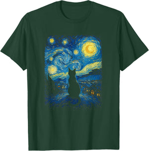 Gazing Black Cat Starry Night Sky Van Gogh Inspired Art T-Shirt - T-Shirt | Forest