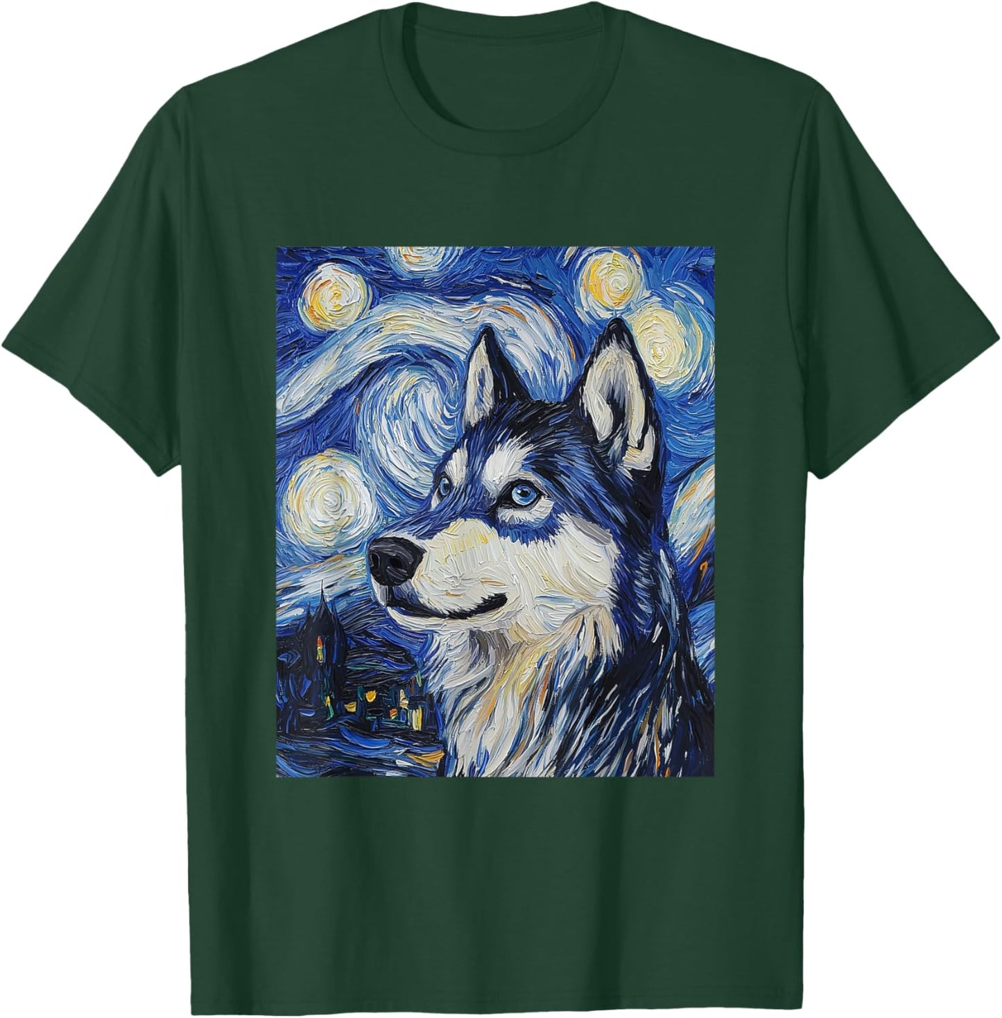 Siberian Husky Dog Wolf Van Gogh Style Starry Night T-Shirt - T-Shirt | Forest