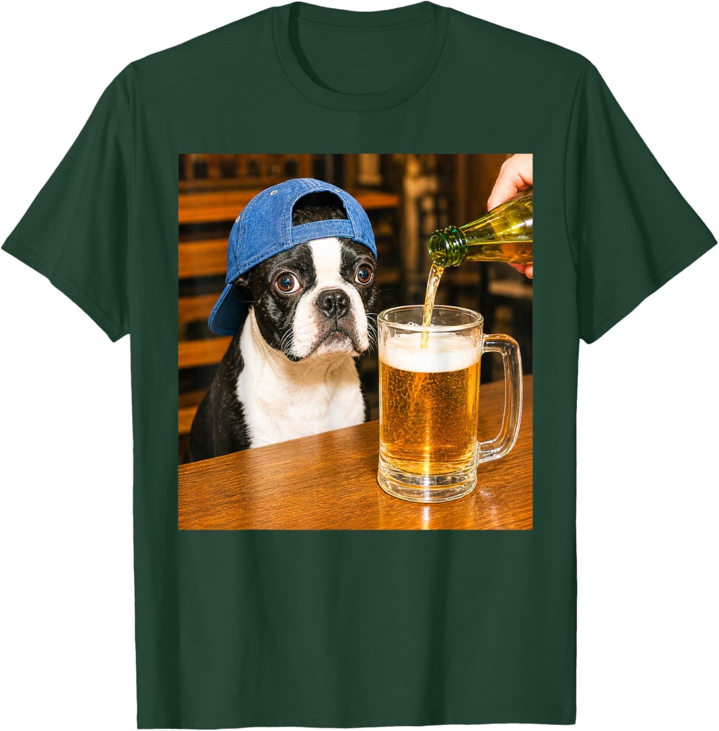 Boston Terrier Wearing Cap Drinking Beer Graphic Vintage T-Shirt - T-Shirt | Forest