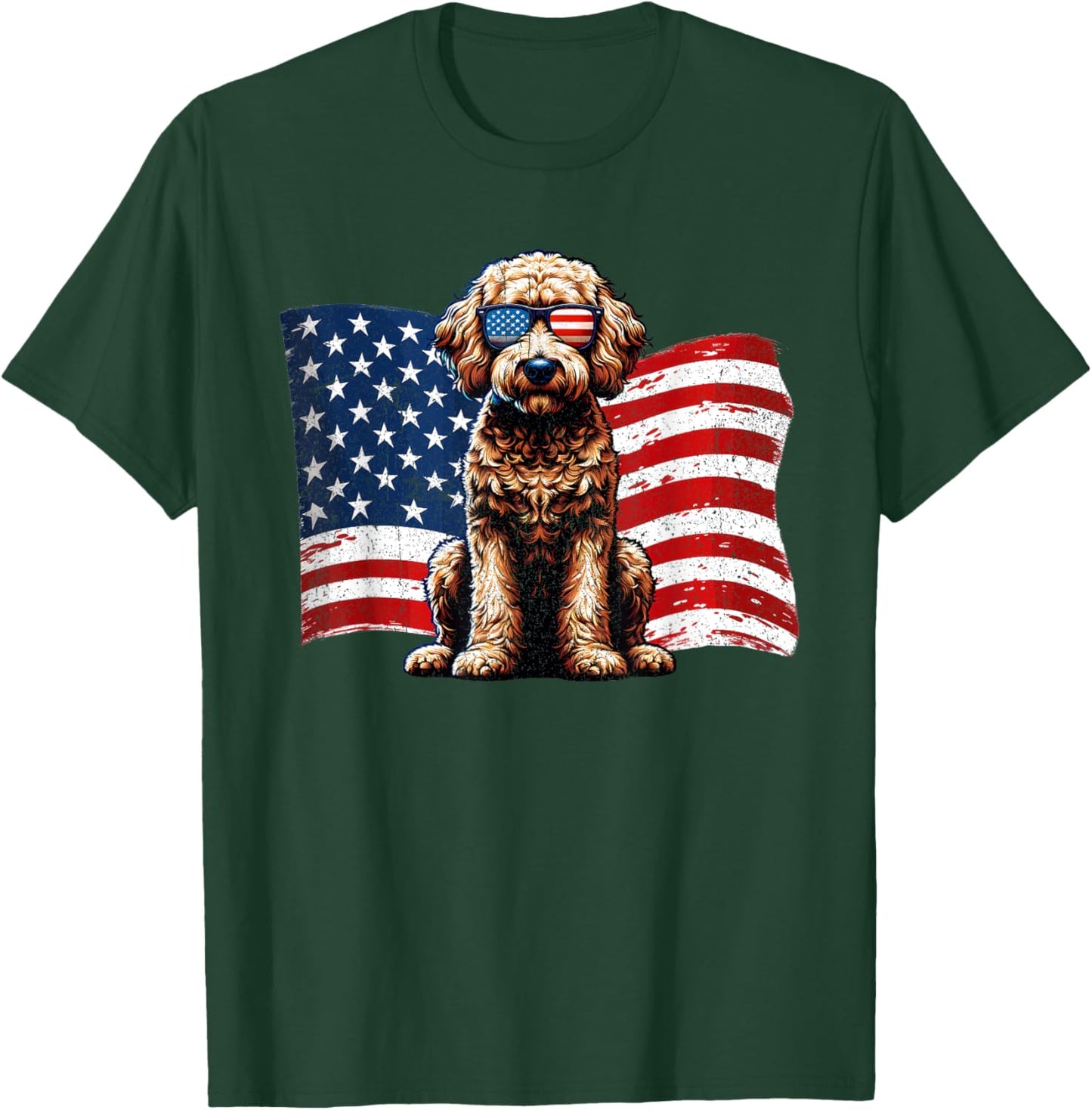 Vintage Labradoodle Dogs American Flag Sunglasses Patriotic T-Shirt - T-Shirt | Forest