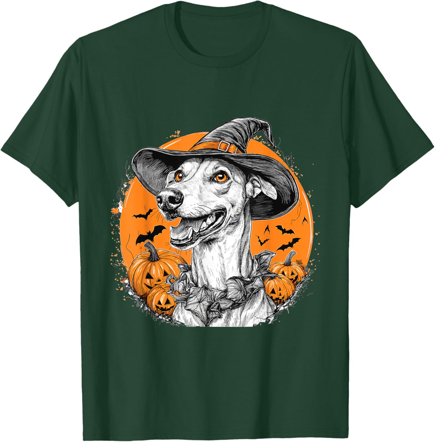 Greyhound Dog Whitch Hat Halloween Pumpkin Spooky Happy T-Shirt - T-Shirt | Forest