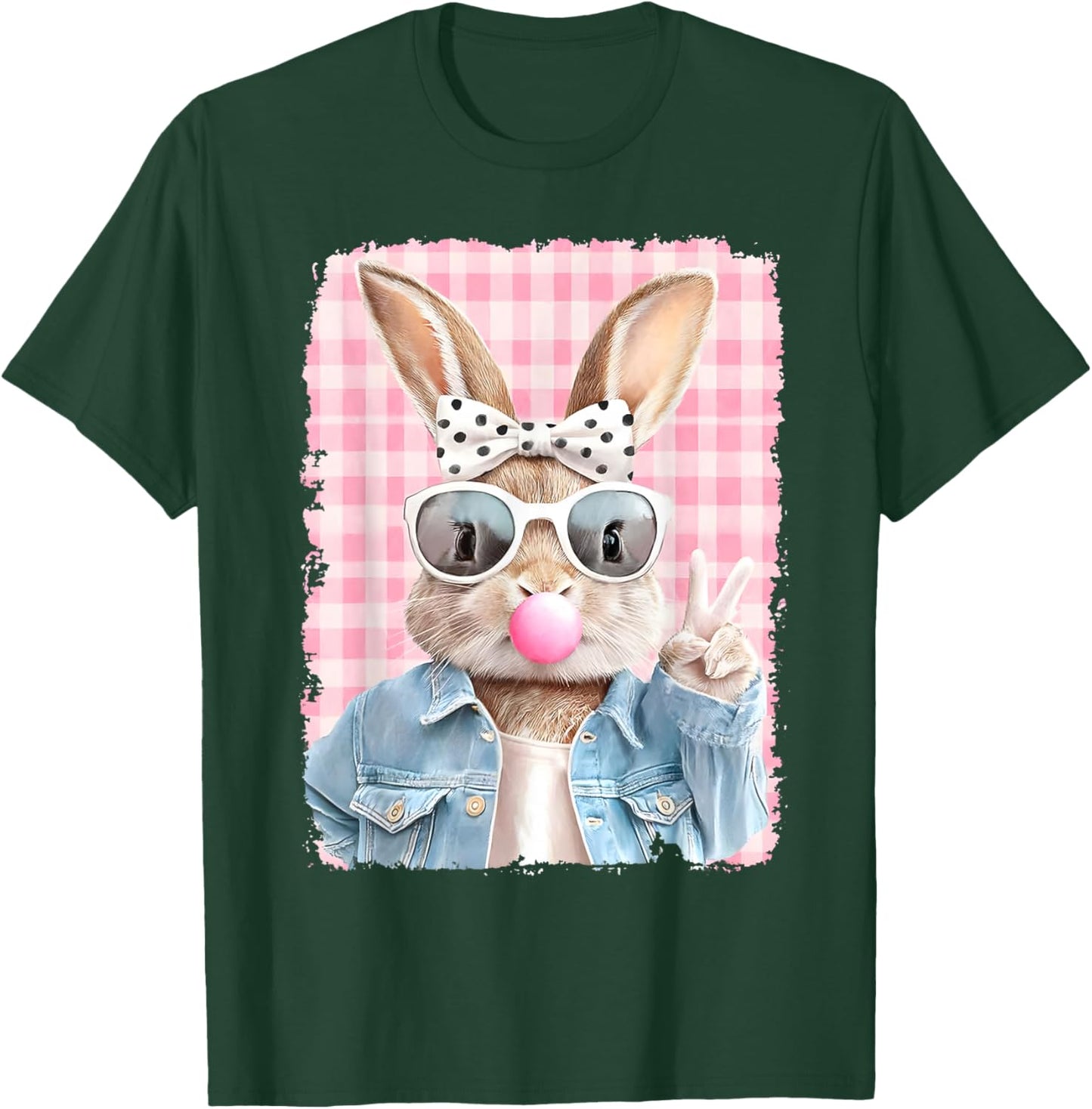 Retro Easter Bunny Blowing Bubble Gum Girl Kids Happy Easter T-Shirt - T-Shirt | Forest