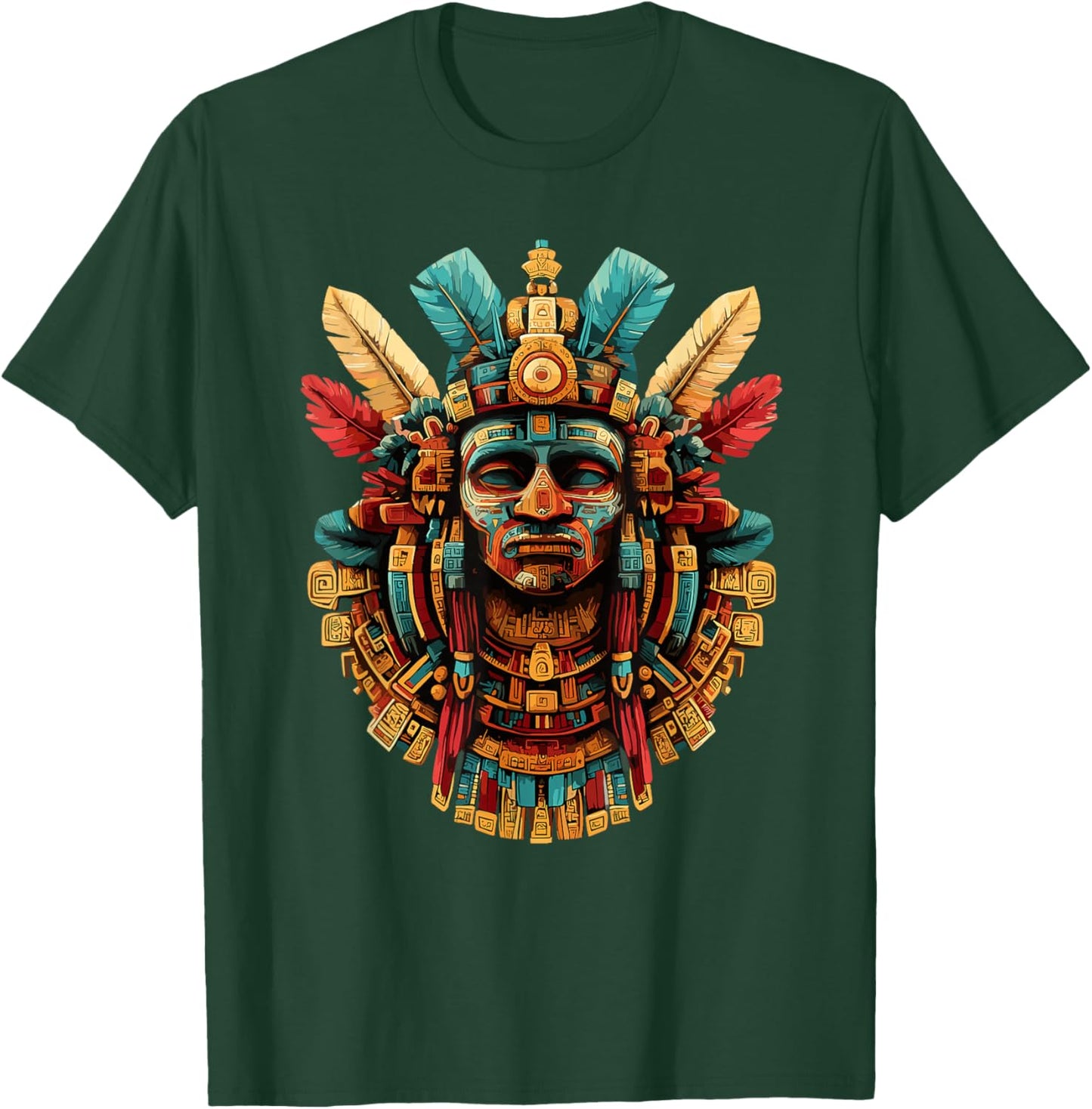 Mayan Aztec Feathered Warrior Mask Sacred Headdress T-Shirt - T-Shirt | Forest