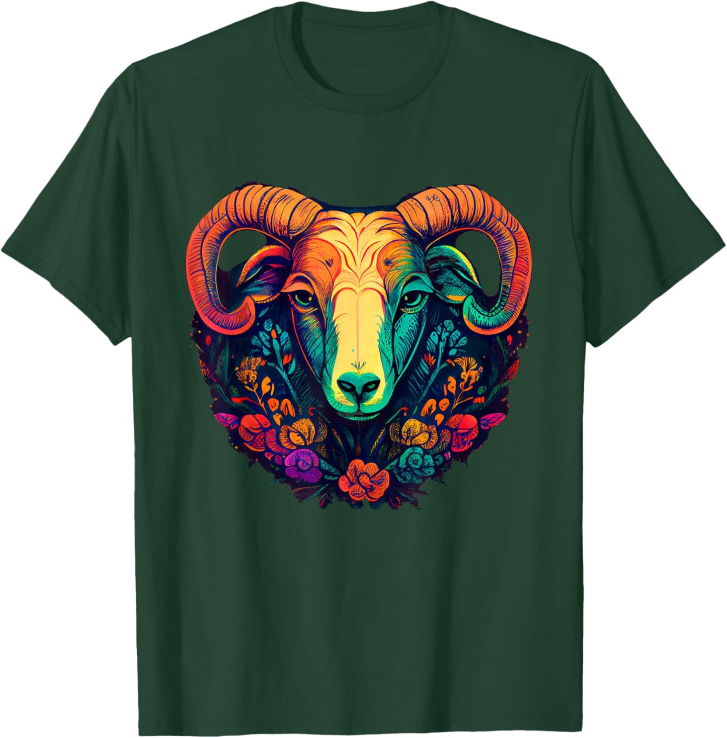 Vivid Ram Head with Floral Patterns T-Shirt - T-Shirt | Forest