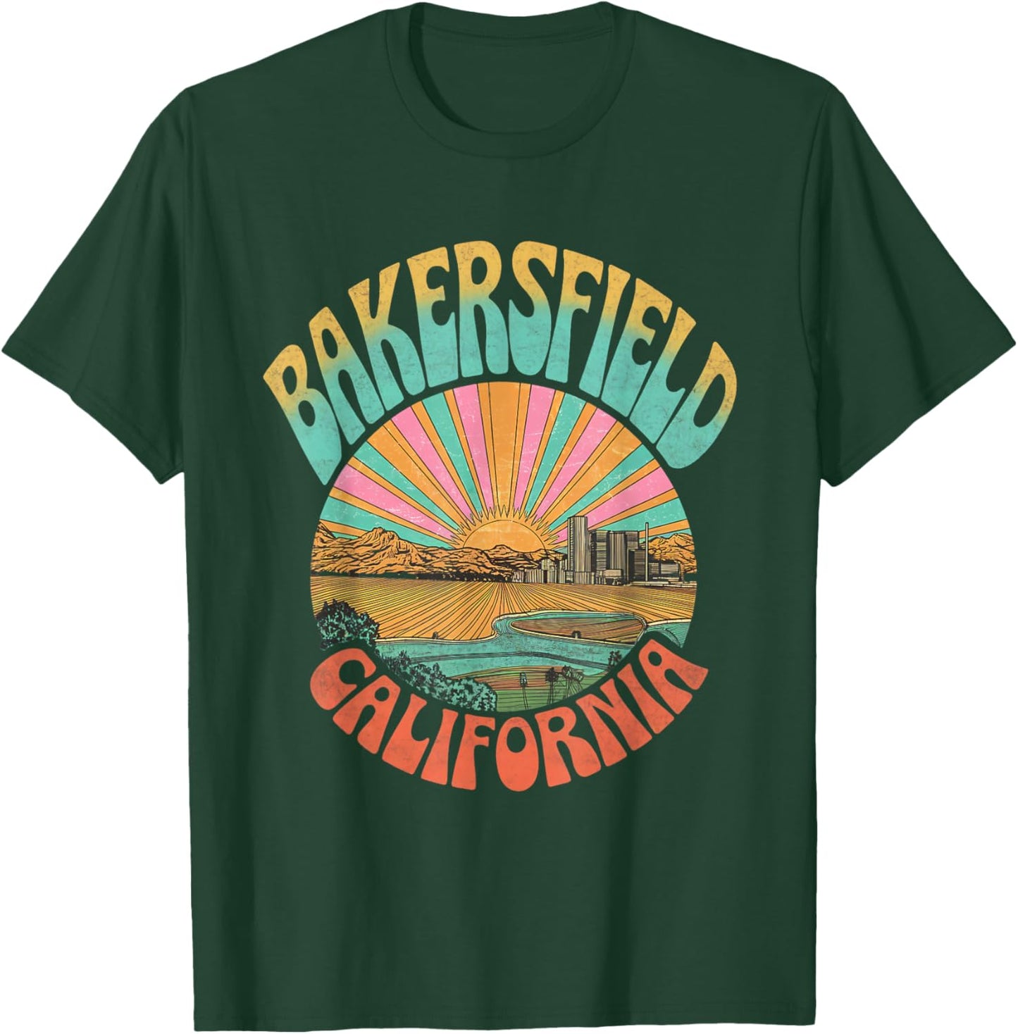 Vintage Bakersfield California Sunset Skyline Cityscape T-Shirt - T-Shirt | Forest