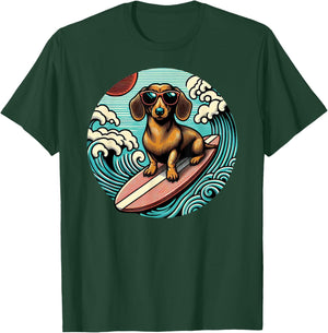 Red Dachshund Surfing Summer Vibes Ocean Beach Surfer Wave T-Shirt - T-Shirt | Forest